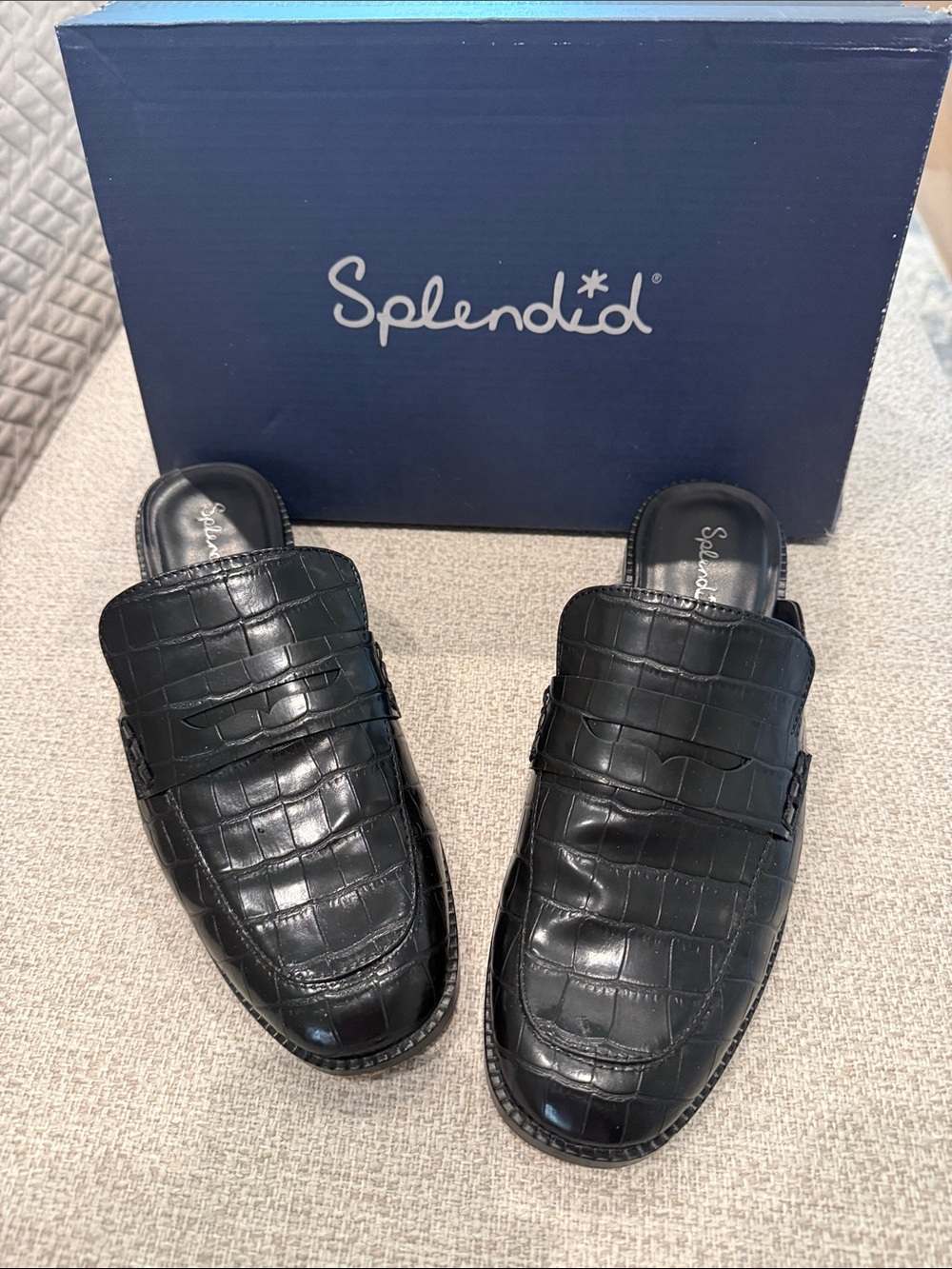 Splendid Black Croc-Embossed Slip-On Mules